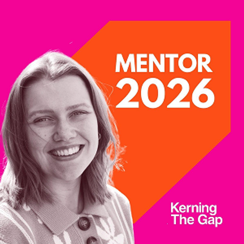 Kat Mellor headshot in front of a pink and orange background with white text of Kerning The Gap Mentor 2026