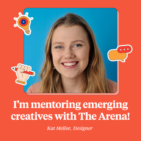 Kat Mellor headshot with the text I'm mentoring emerging creatives with The Arena