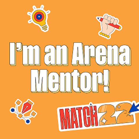The text I'm an Arena Mentor on an orange background, surrounded by iconography of creative design