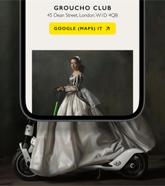 An oil painting style graphic for Design Podge, featuring a lady in a dress riding an electric scooter, alongside the address of the event