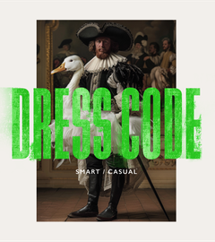 An oil painting style graphic for Design Podge of a man wearing classic clothes including a ruff and also a large goose prop around his waste, overlay of text indicating that the dress code is smart / casual