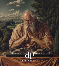 An oil painting style graphic for Design Podge, featuring a man in a robe sitting with a DJ set in front of a rolling hills landscape