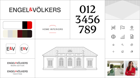 A visual identity overview of the Engel & Völkers brand including elements such as logos, colour palette and typography