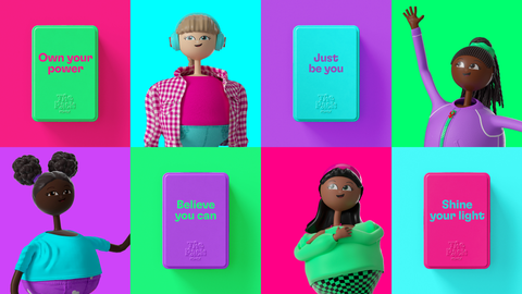 A grid of images showing the 4 Kotex: The Pack characters as well as 4 product tins