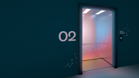 An open elevator with the words O2 and Open sesame on the walls next to it