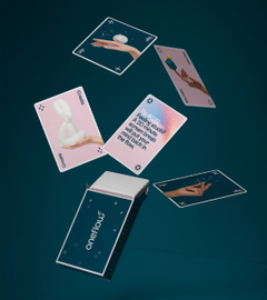 An open pack of playing cards where the content of the cards relates to the Oneflow brand